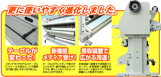 新型ラミネート誕生使い易くてお値打ち価格テーブルが変わった！新機能メディア受け、巻き取る装置で広がる用途！オプション機能でラミネートフィルム３本まで常時装着していられます。
